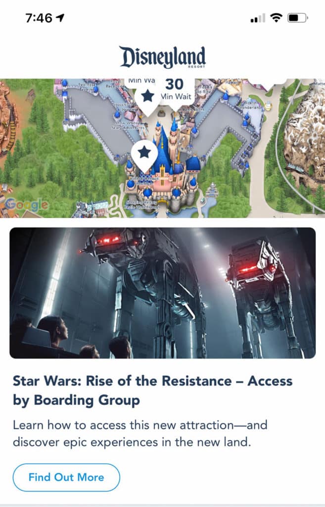 Disneyland App Main Page - Rise of the Resistance Guide