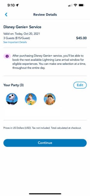 Genie+ Confirm Purchase Screen