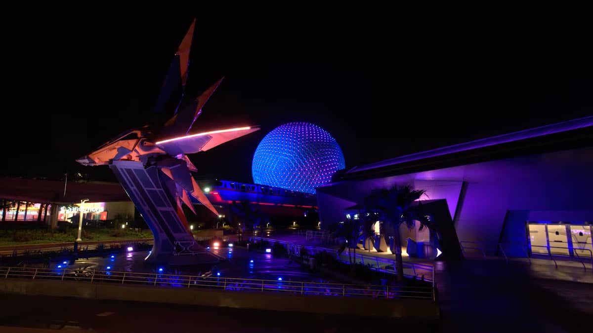 Guardians of the Galaxy Cosmic Rewind Exterior at Night in EPCOT
