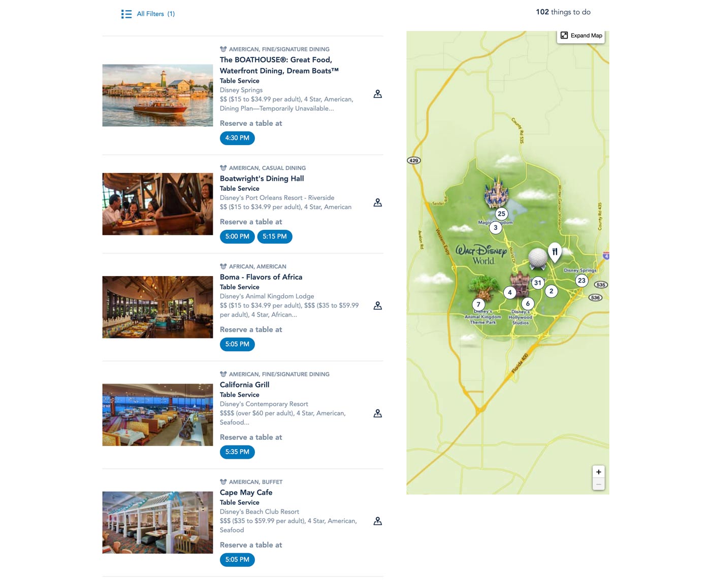 Disney World Dining Reservation Website Search Results