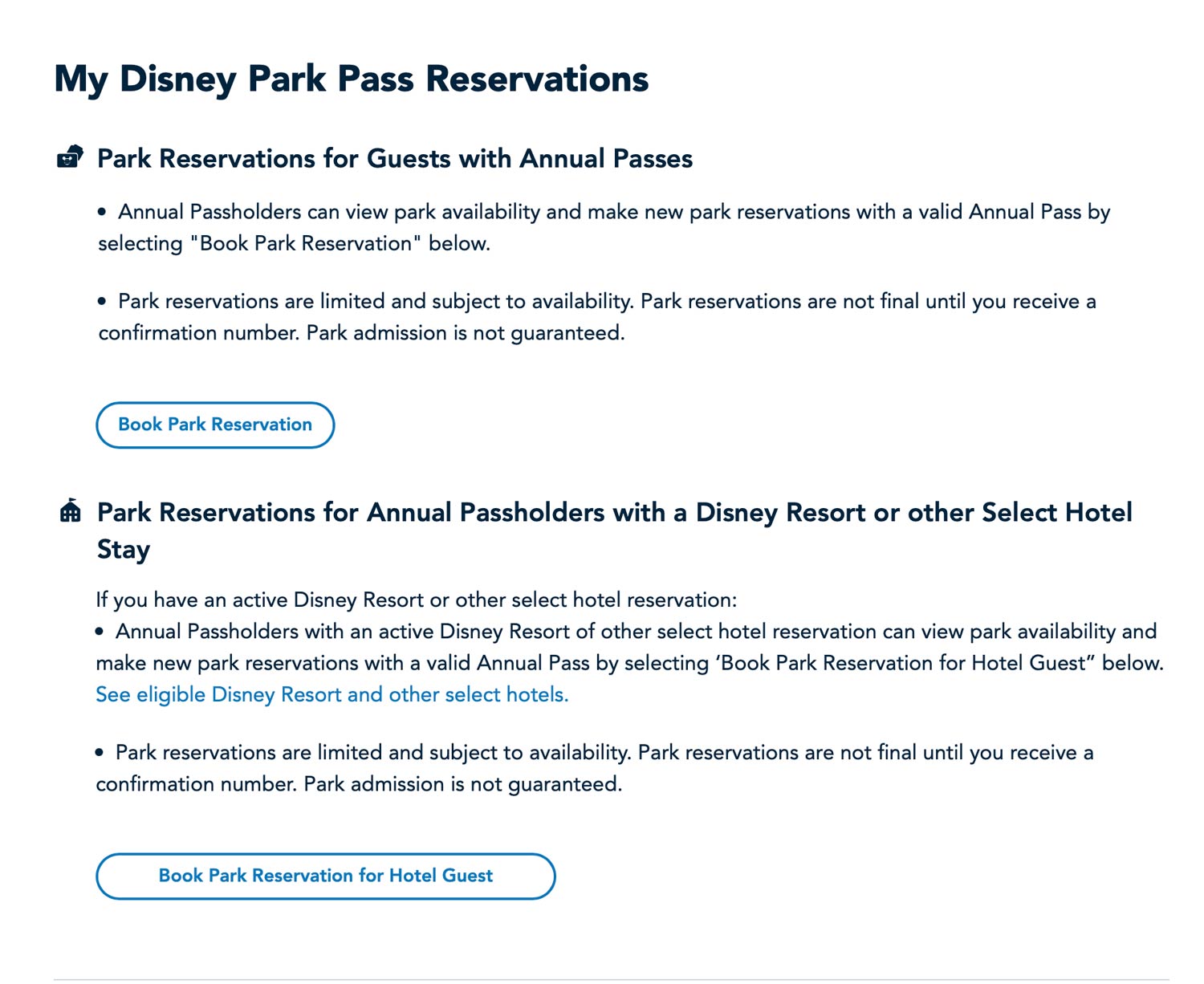 Annual Pass Park Reservation Options - Disney World Website