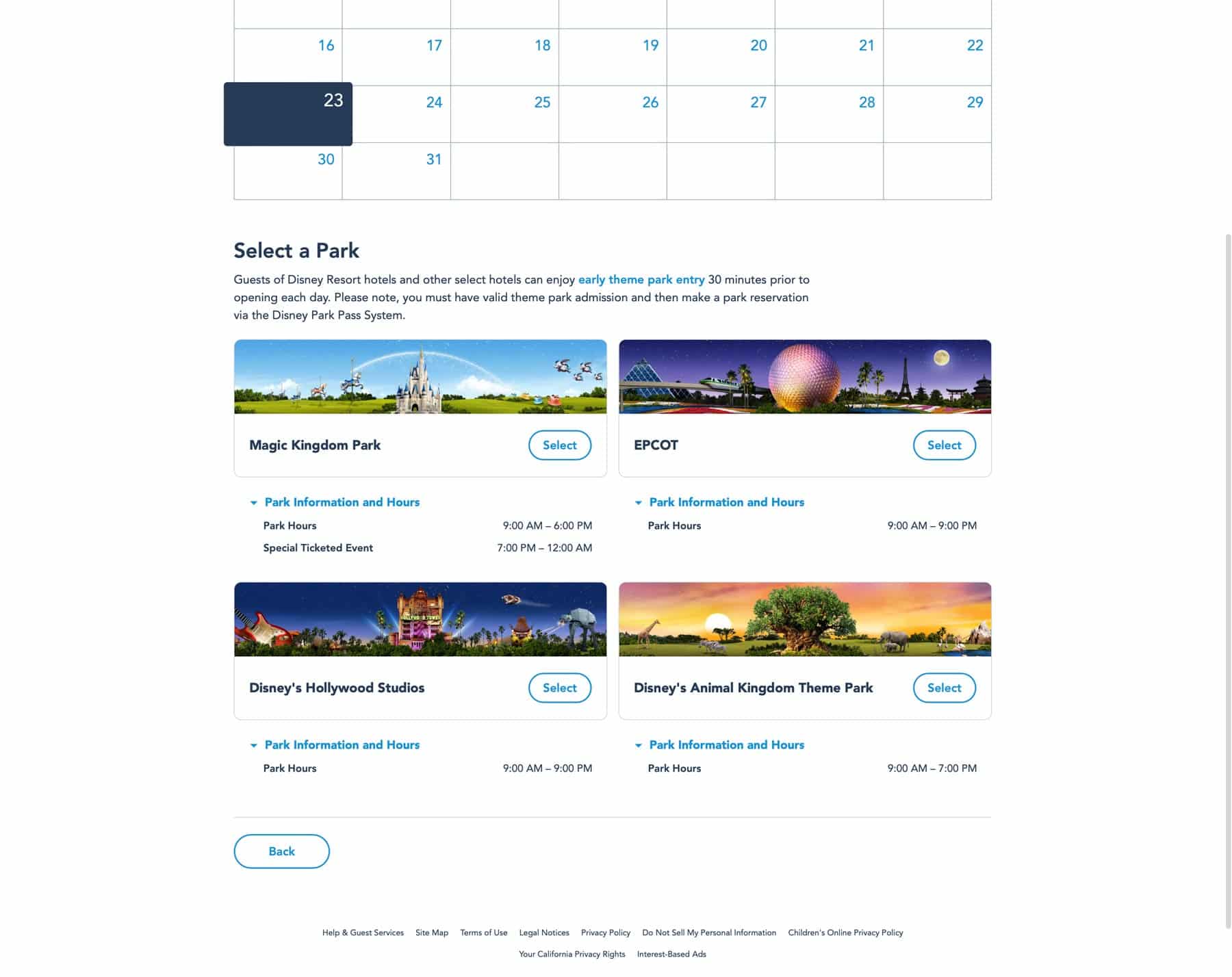 Select Date and Park - How to make Disney World Park Reservations