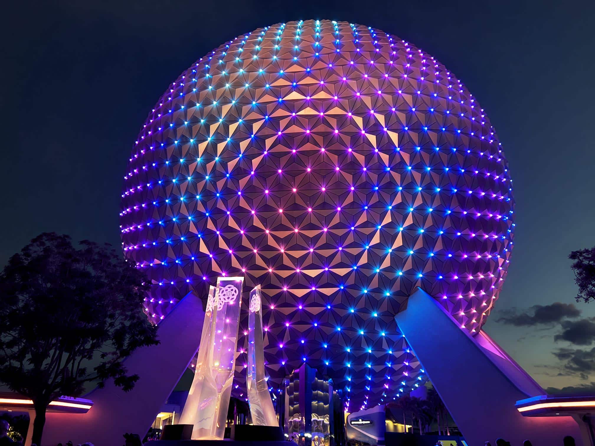 Spaceship Earth Glowing at Night - EPCOT in Fall - Best Weeks at Disney World