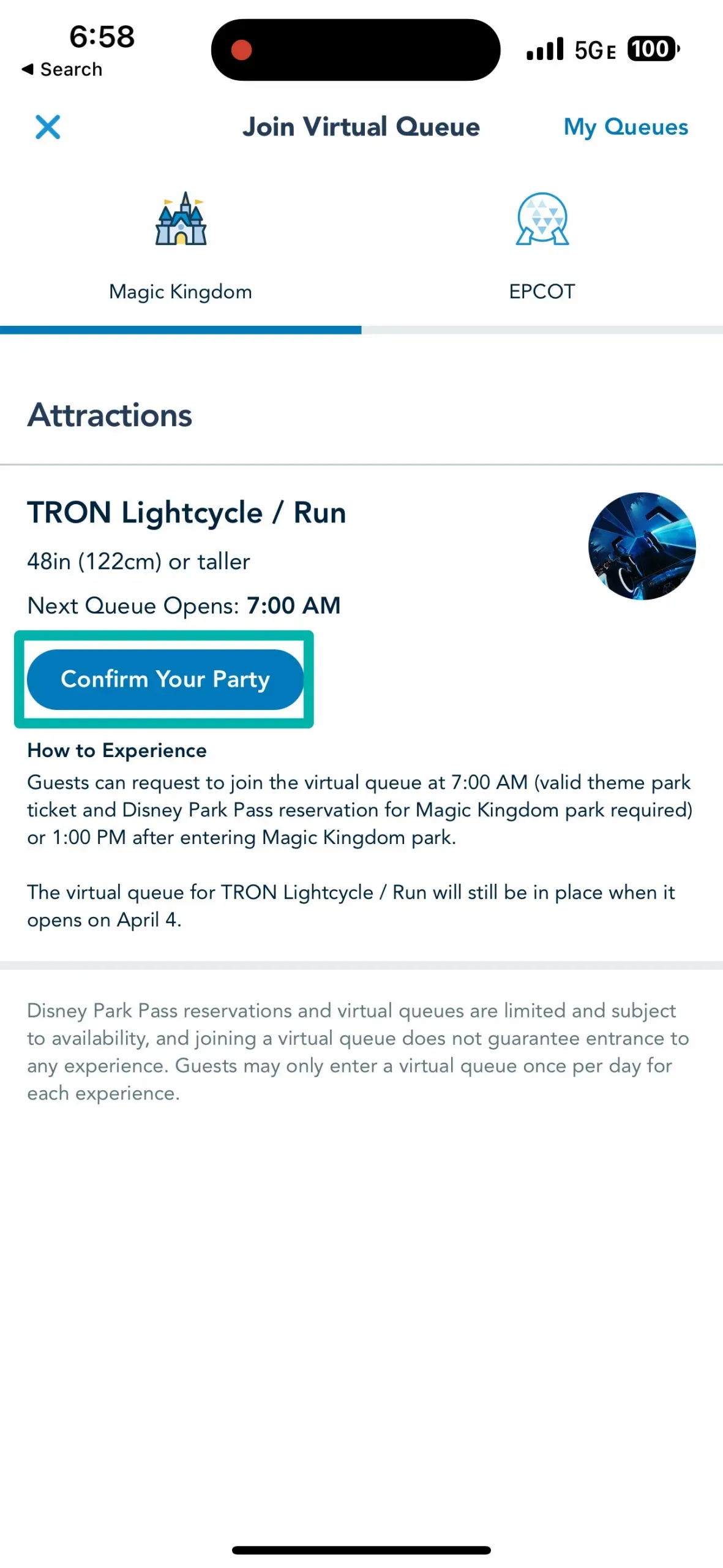 Confirm Your Party - Disney World Virtual Queue