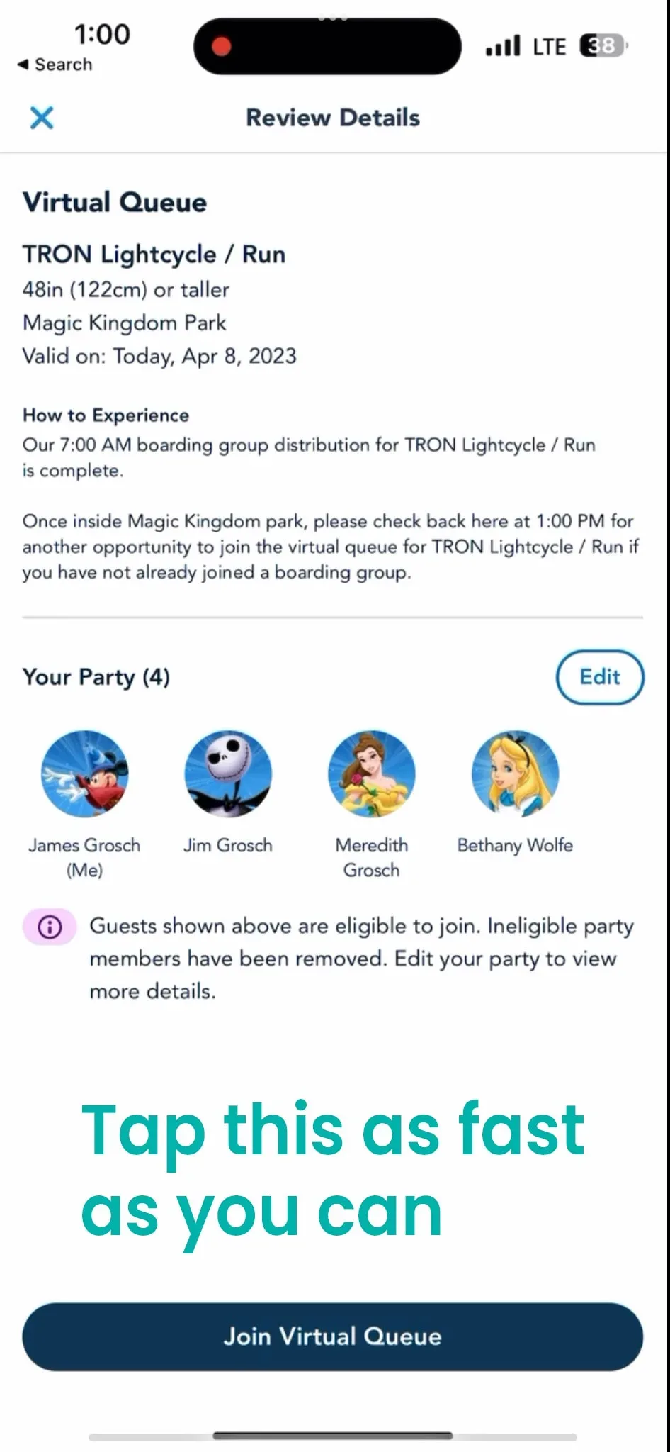 Join Virtual Queue Button - Disney World App