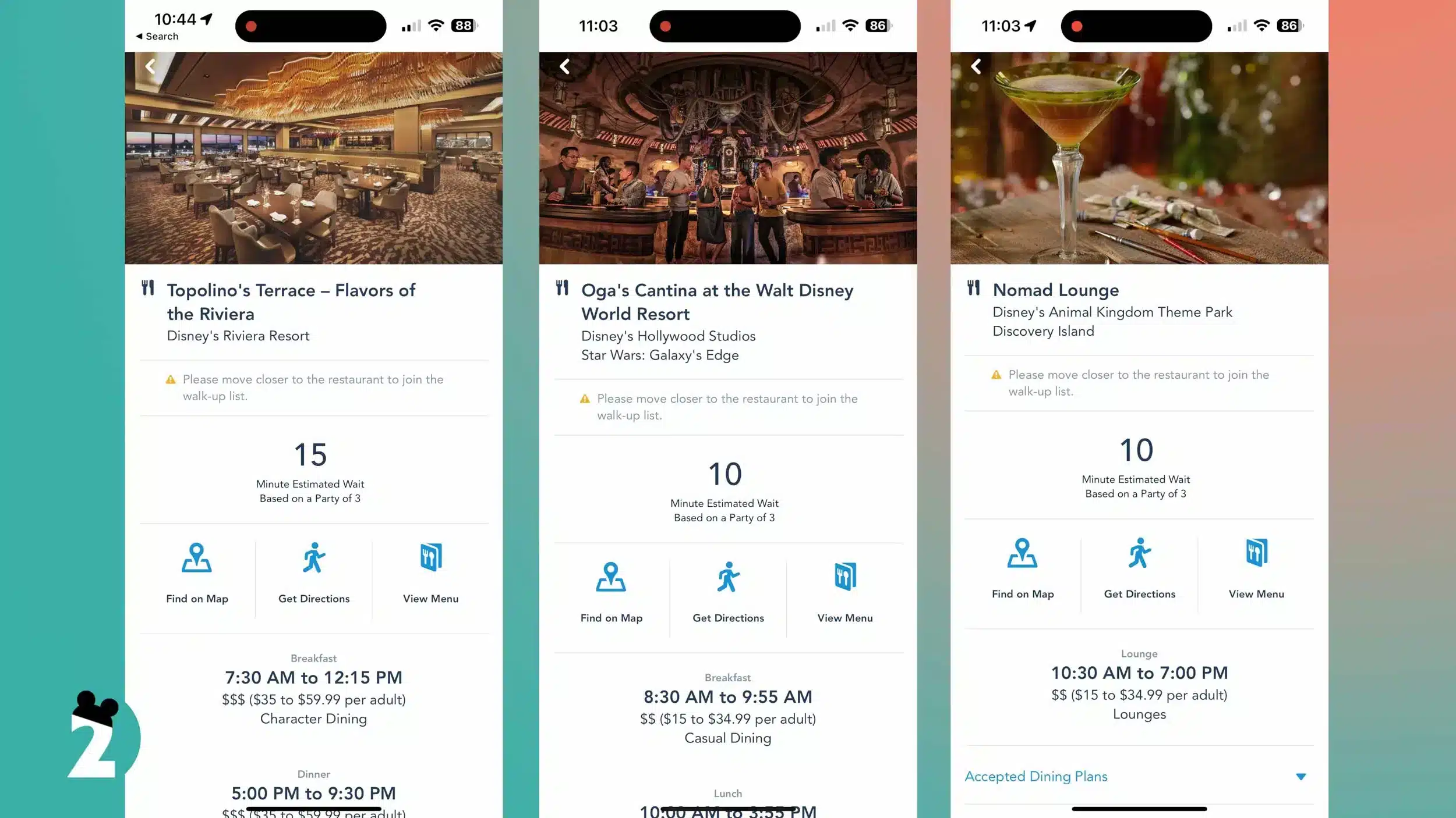My Disney Experience App Screens for Topolino's Terrace, Oga's Cantina, and Nomad Lounge at Disney World, each with a wait under 15 minutes