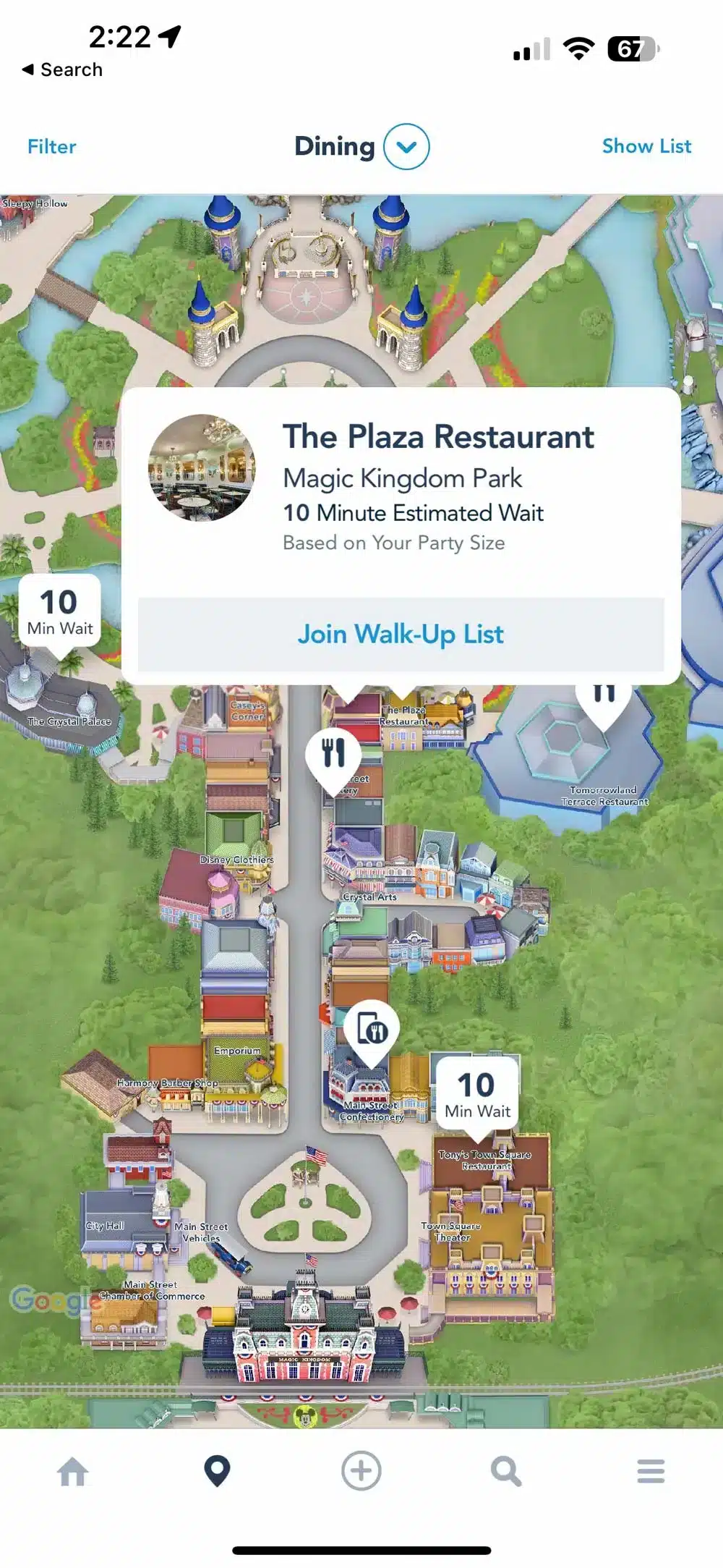 Magic Kingdom Map with Mobile Dine Walk-Up Waitlist Availability Shown